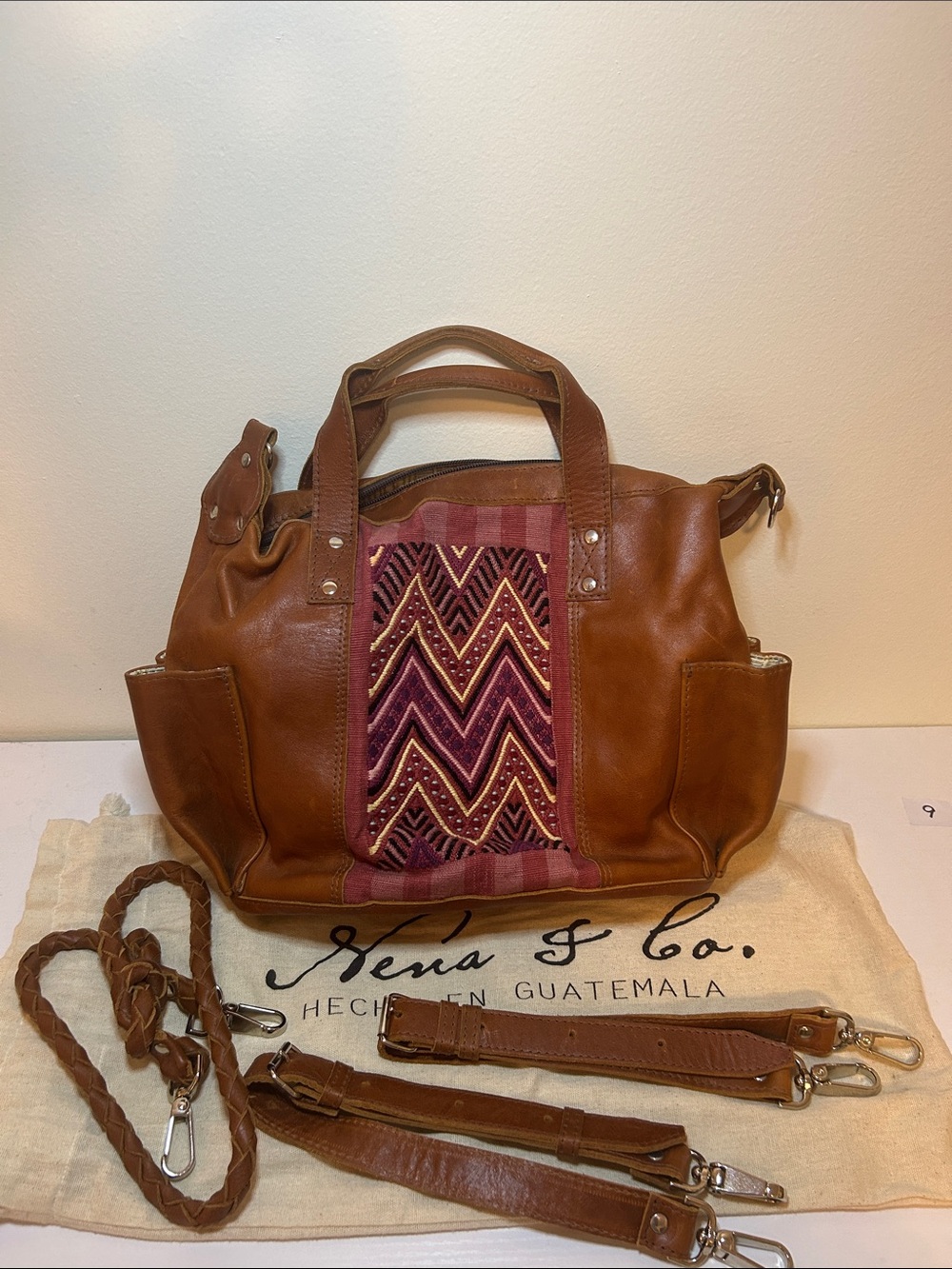 Nena & Co. Brown Leather Tote with Burgundy Embroidered Panel